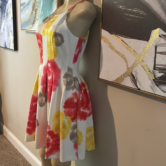Calvin Klein Floral White Pink Red Coral Yellow Scuba Dress size 6 - Picture 4 of 7